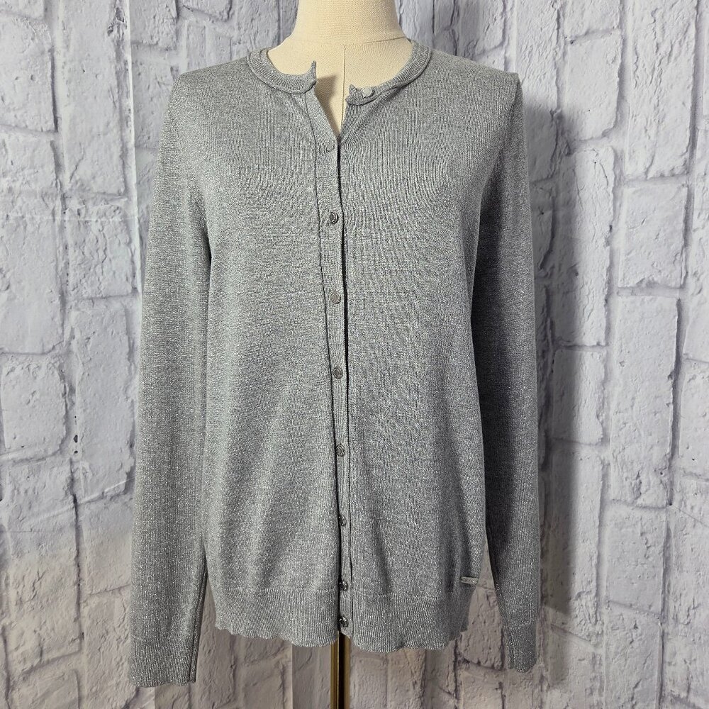 Calvin Klein Medium Shimmer Metallic Grey Button Front Longsleeve Cardigan